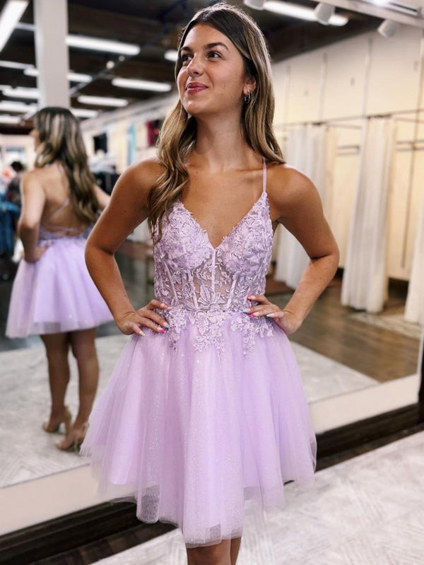 Luolandi A-Line Backless Tulle Appliqued Homecoming Dress Short Lilac Beautiful